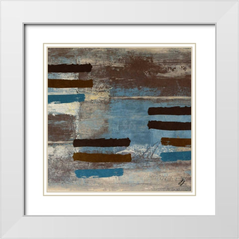 Blue Bared Abstract Square II White Modern Wood Framed Art Print with Double Matting by Marcon, Michael
