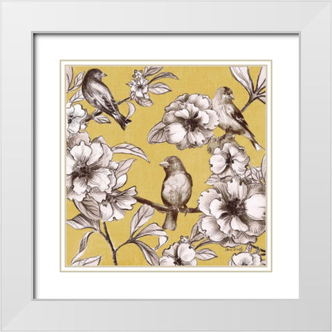Peonies and Birds on Yellow I White Modern Wood Framed Art Print with Double Matting by Loreth, Lanie