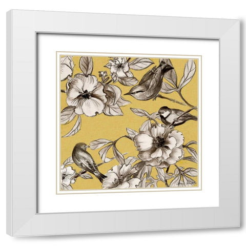 Peonies and Birds On Yellow II White Modern Wood Framed Art Print with Double Matting by Loreth, Lanie