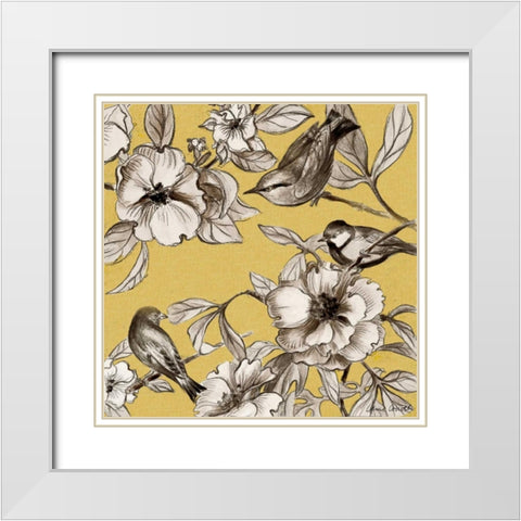 Peonies and Birds On Yellow II White Modern Wood Framed Art Print with Double Matting by Loreth, Lanie