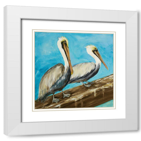 Pelicans on Post II White Modern Wood Framed Art Print with Double Matting by DeRice, Julie