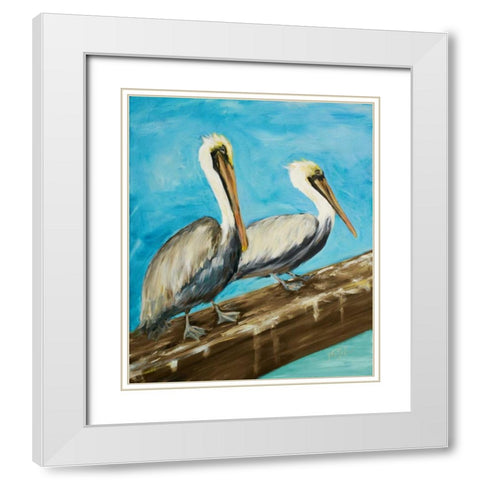 Two Pelicans on Dock Rail White Modern Wood Framed Art Print with Double Matting by DeRice, Julie