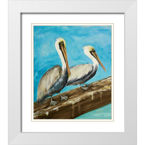 Two Pelicans on Dock Rail White Modern Wood Framed Art Print with Double Matting by DeRice, Julie