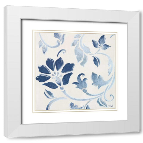 Blue Floral Shimmer I White Modern Wood Framed Art Print with Double Matting by Hakimipour, Tiffany