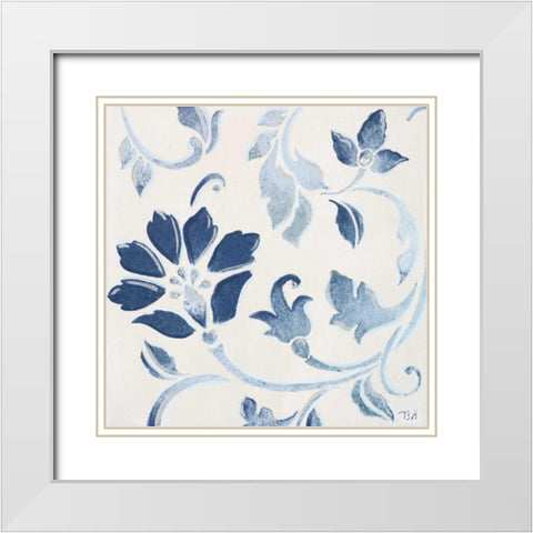 Blue Floral Shimmer I White Modern Wood Framed Art Print with Double Matting by Hakimipour, Tiffany