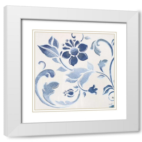 Blue Floral Shimmer II White Modern Wood Framed Art Print with Double Matting by Hakimipour, Tiffany