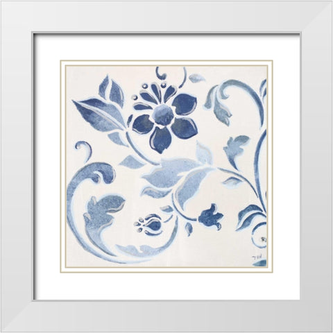 Blue Floral Shimmer II White Modern Wood Framed Art Print with Double Matting by Hakimipour, Tiffany