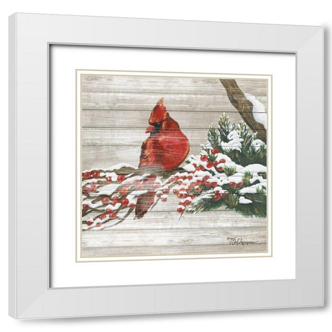 Winter Red Bird on Wood I White Modern Wood Framed Art Print with Double Matting by Hakimipour, Tiffany