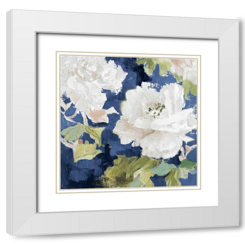 White Modern Peonies on Blue I White Modern Wood Framed Art Print with Double Matting by Loreth, Lanie