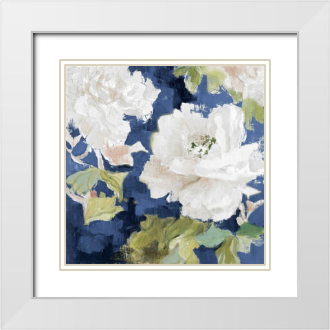 White Modern Peonies on Blue I White Modern Wood Framed Art Print with Double Matting by Loreth, Lanie