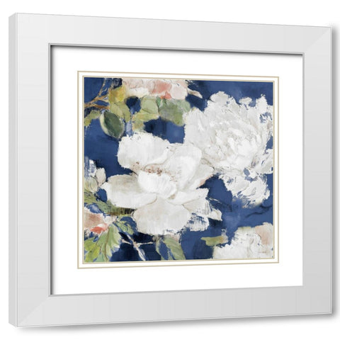 White Modern Peonies on Blue II White Modern Wood Framed Art Print with Double Matting by Loreth, Lanie