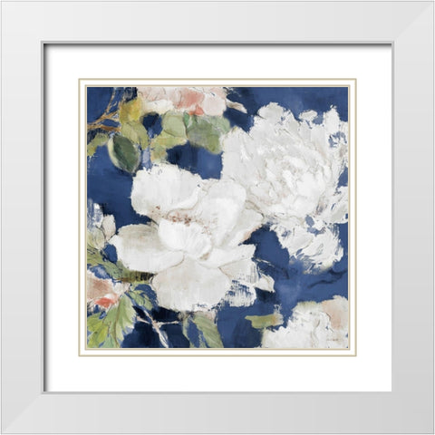 White Modern Peonies on Blue II White Modern Wood Framed Art Print with Double Matting by Loreth, Lanie