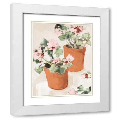 Potted Pink Geraniums White Modern Wood Framed Art Print with Double Matting by Slivka, Jane