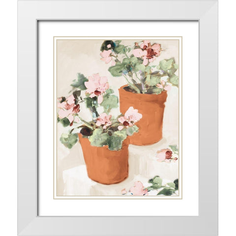 Potted Pink Geraniums White Modern Wood Framed Art Print with Double Matting by Slivka, Jane