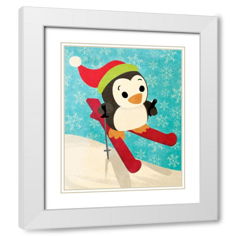 Skiing Penguin White Modern Wood Framed Art Print with Double Matting by Josefina