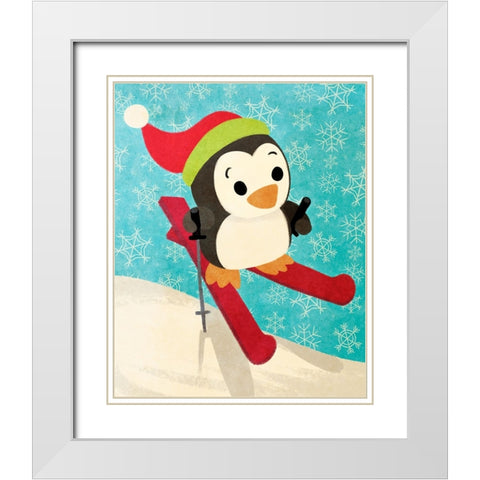 Skiing Penguin White Modern Wood Framed Art Print with Double Matting by Josefina