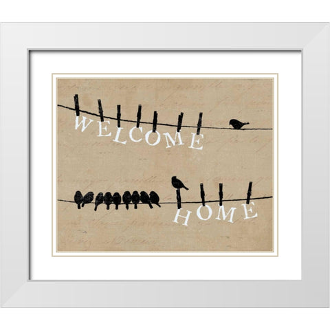 Birds on a Wire - Welcome Home White Modern Wood Framed Art Print with Double Matting by Pelletier, Alain