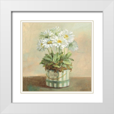 Tres Chic Daisies White Modern Wood Framed Art Print with Double Matting by Nai, Danhui