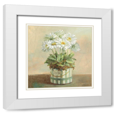 Tres Chic Daisies White Modern Wood Framed Art Print with Double Matting by Nai, Danhui