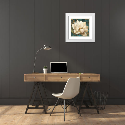Magnolia Blossom Turquoise White Modern Wood Framed Art Print with Double Matting by Hristova, Albena