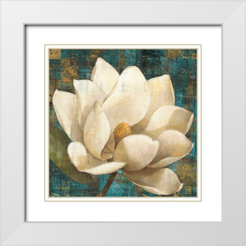 Magnolia Blossom Turquoise White Modern Wood Framed Art Print with Double Matting by Hristova, Albena