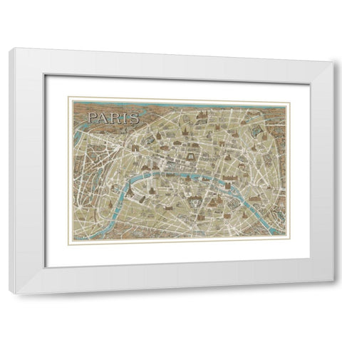 Monuments of Paris Map Blue White Modern Wood Framed Art Print with Double Matting by Wild Apple Portfolio