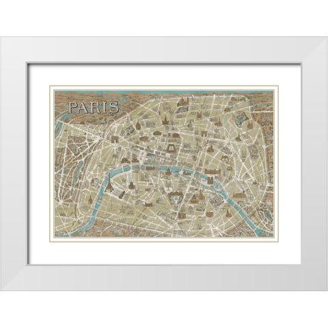 Monuments of Paris Map Blue White Modern Wood Framed Art Print with Double Matting by Wild Apple Portfolio