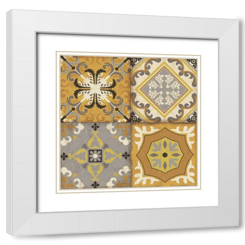 Golden Glow Tiles White Modern Wood Framed Art Print with Double Matting by Pela Studio