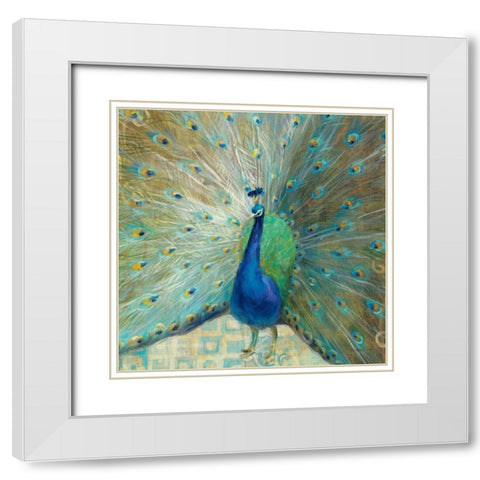 Blue Peacock on Gold White Modern Wood Framed Art Print with Double Matting by Nai, Danhui