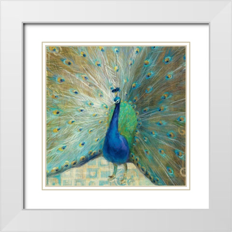 Blue Peacock on Gold White Modern Wood Framed Art Print with Double Matting by Nai, Danhui