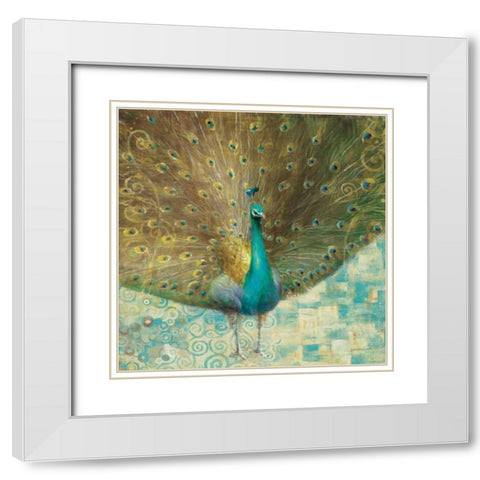 Teal Peacock on Gold White Modern Wood Framed Art Print with Double Matting by Nai, Danhui