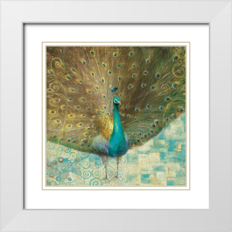 Teal Peacock on Gold White Modern Wood Framed Art Print with Double Matting by Nai, Danhui