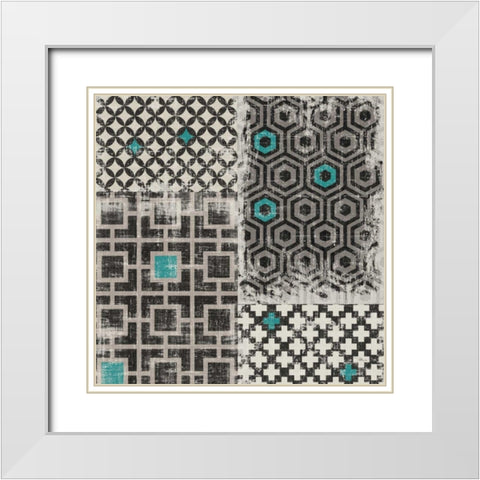 Geometric Patchwork Peacock Blue Square II White Modern Wood Framed Art Print with Double Matting by Pela Studio