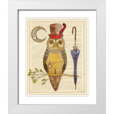 Steampunk Owl I White Modern Wood Framed Art Print with Double Matting by DeNeige, Elyse