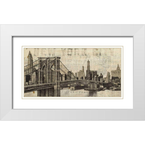 Vintage NY Brooklyn Bridge Skyline White Modern Wood Framed Art Print with Double Matting by Mullan, Michael