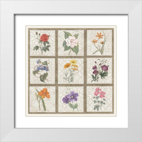 Monument Etching Tile Flowers Square I White Modern Wood Framed Art Print with Double Matting by Wild Apple Portfolio