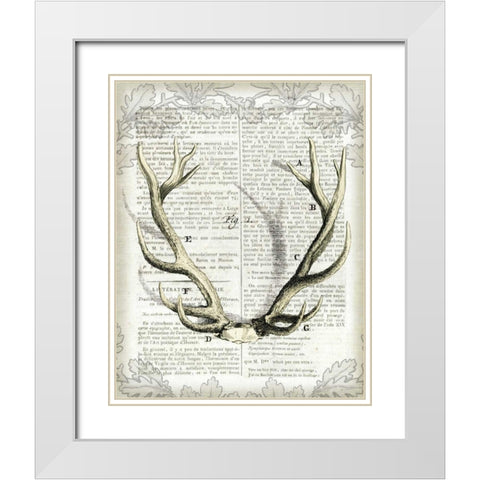 Regal Antlers on Newsprint I White Modern Wood Framed Art Print with Double Matting by Schlabach, Sue