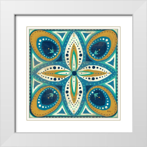 Proud as a Peacock Tile II White Modern Wood Framed Art Print with Double Matting by Charron, Veronique