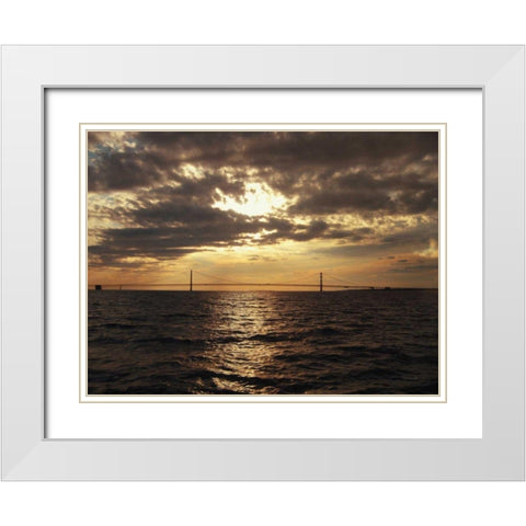 Mackinac Bridge Sunset White Modern Wood Framed Art Print with Double Matting by Marshall, Laura