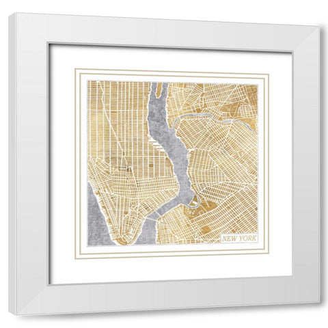 Gilded New York  Map White Modern Wood Framed Art Print with Double Matting by Marshall, Laura