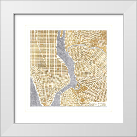 Gilded New York  Map White Modern Wood Framed Art Print with Double Matting by Marshall, Laura