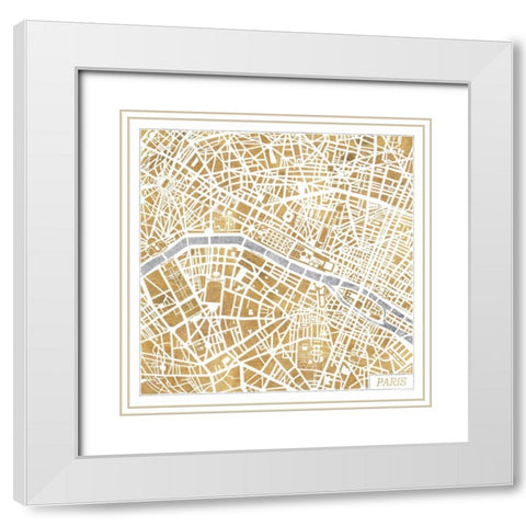 Gilded Paris Map White Modern Wood Framed Art Print with Double Matting by Marshall, Laura