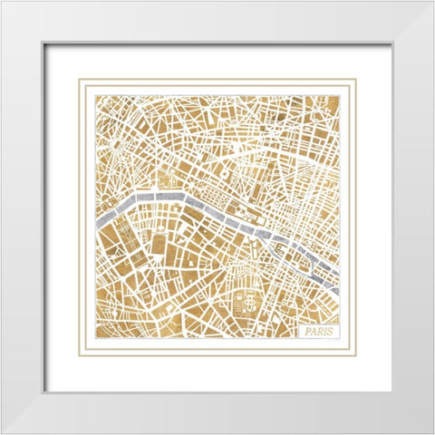 Gilded Paris Map White Modern Wood Framed Art Print with Double Matting by Marshall, Laura