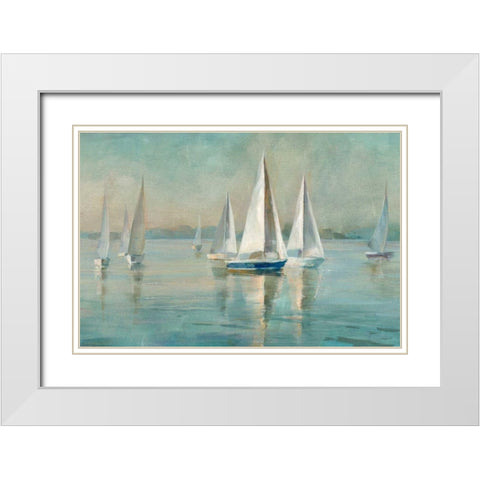 Sailboats at Sunrise White Modern Wood Framed Art Print with Double Matting by Nai, Danhui