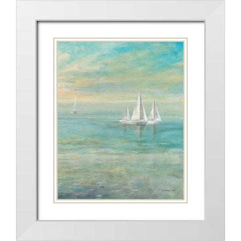 Sunrise Sailboats II White Modern Wood Framed Art Print with Double Matting by Nai, Danhui