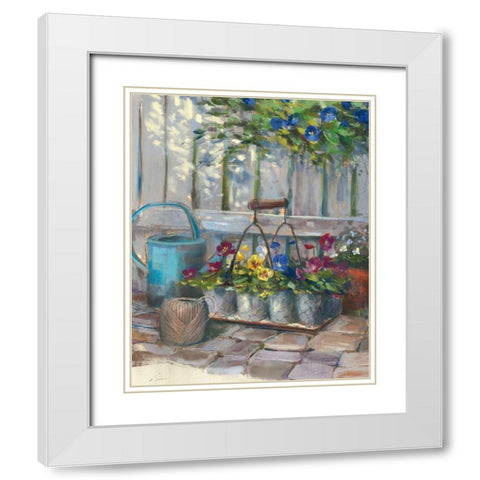 Pansies in Wire Basket White Modern Wood Framed Art Print with Double Matting by Rowan, Carol