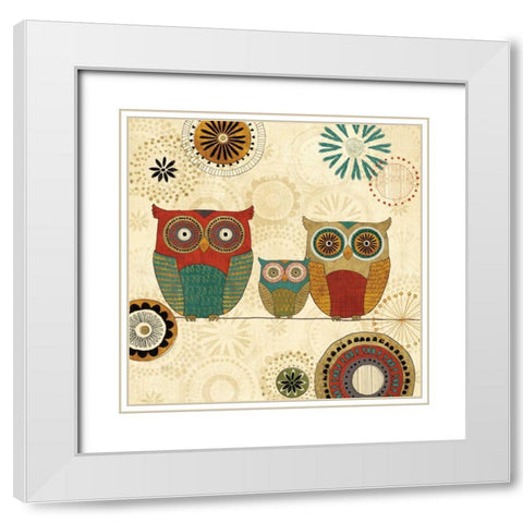 Spice Road Owls I White Modern Wood Framed Art Print with Double Matting by Charron, Veronique