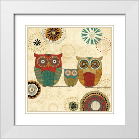 Spice Road Owls I White Modern Wood Framed Art Print with Double Matting by Charron, Veronique