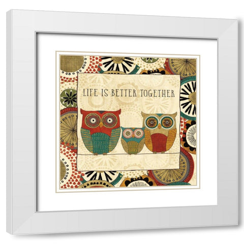 Spice Road Owls III White Modern Wood Framed Art Print with Double Matting by Charron, Veronique