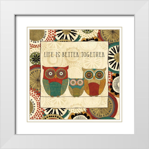 Spice Road Owls III White Modern Wood Framed Art Print with Double Matting by Charron, Veronique